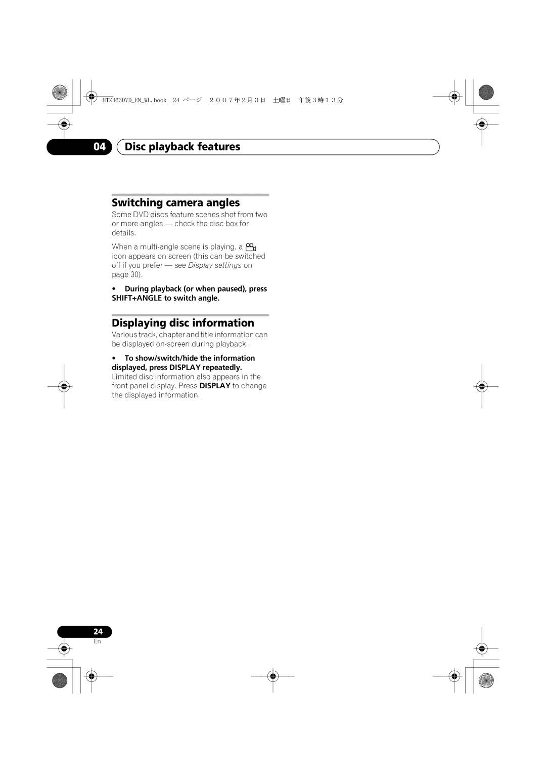 Pioneer XV-DV363 manual Disc playback features Switching camera angles, Displaying disc information 