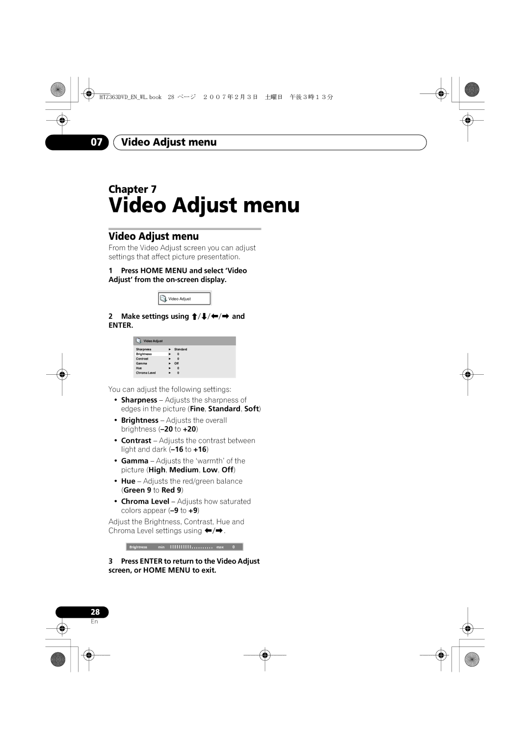 Pioneer XV-DV363 manual Video Adjust menu Chapter, Make settings using /// 