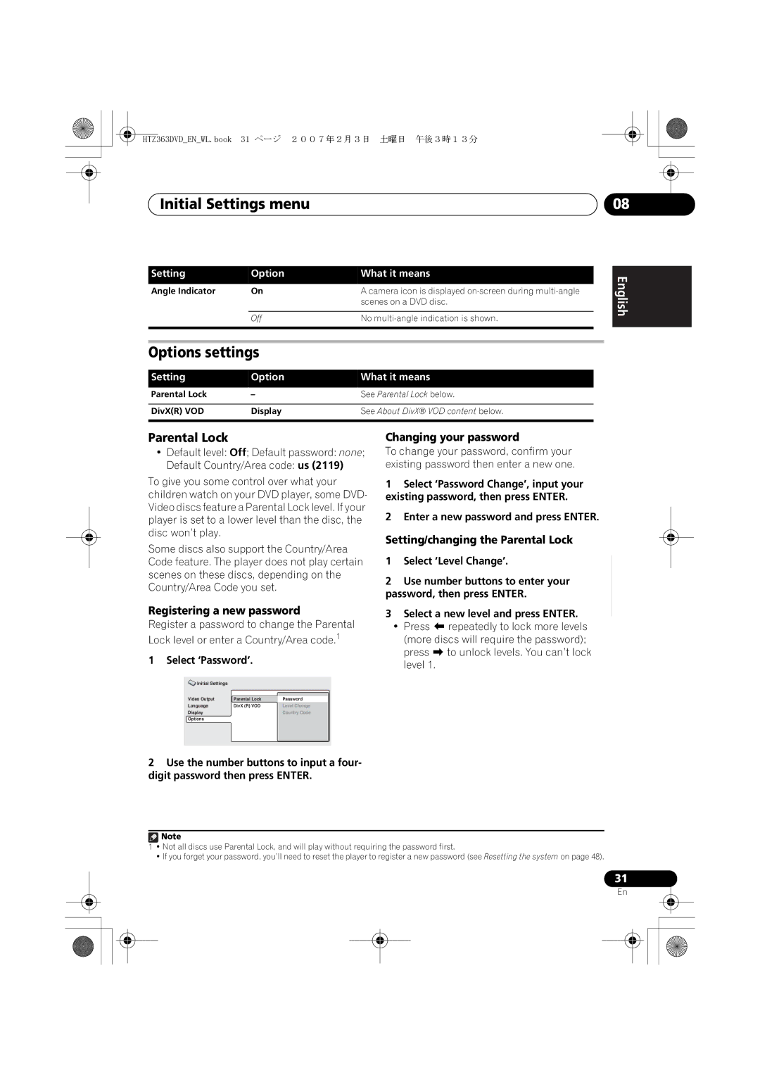 Pioneer XV-DV363 manual Options settings, Parental Lock, Registering a new password, Changing your password 