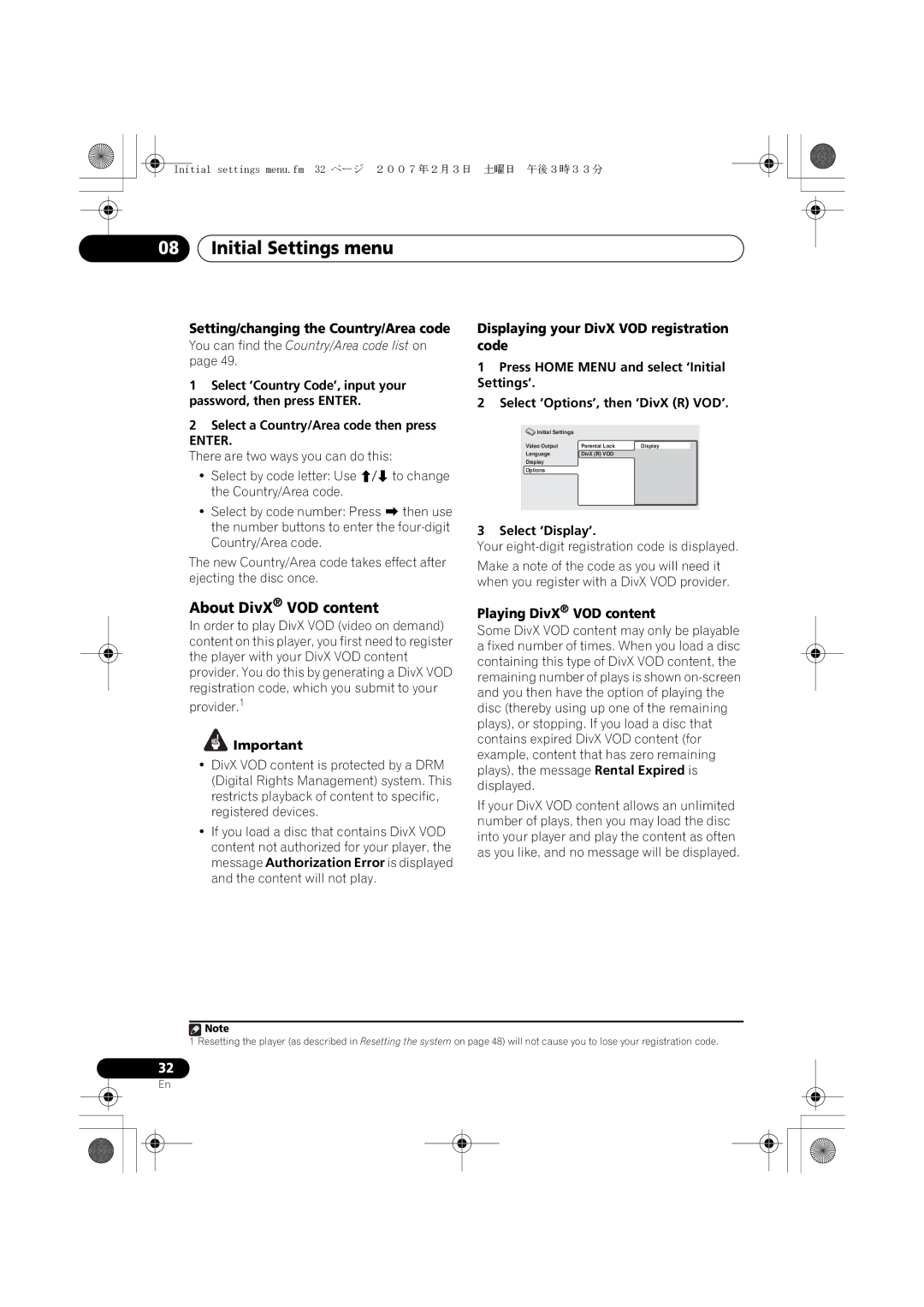 Pioneer XV-DV363 manual About DivX VOD content, Setting/changing the Country/Area code, Playing DivX VOD content 