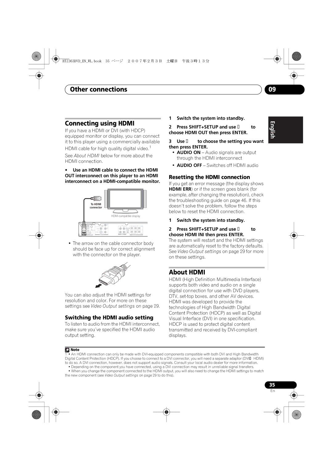 Pioneer XV-DV363 manual Other connections Connecting using Hdmi, About Hdmi, Switching the Hdmi audio setting 