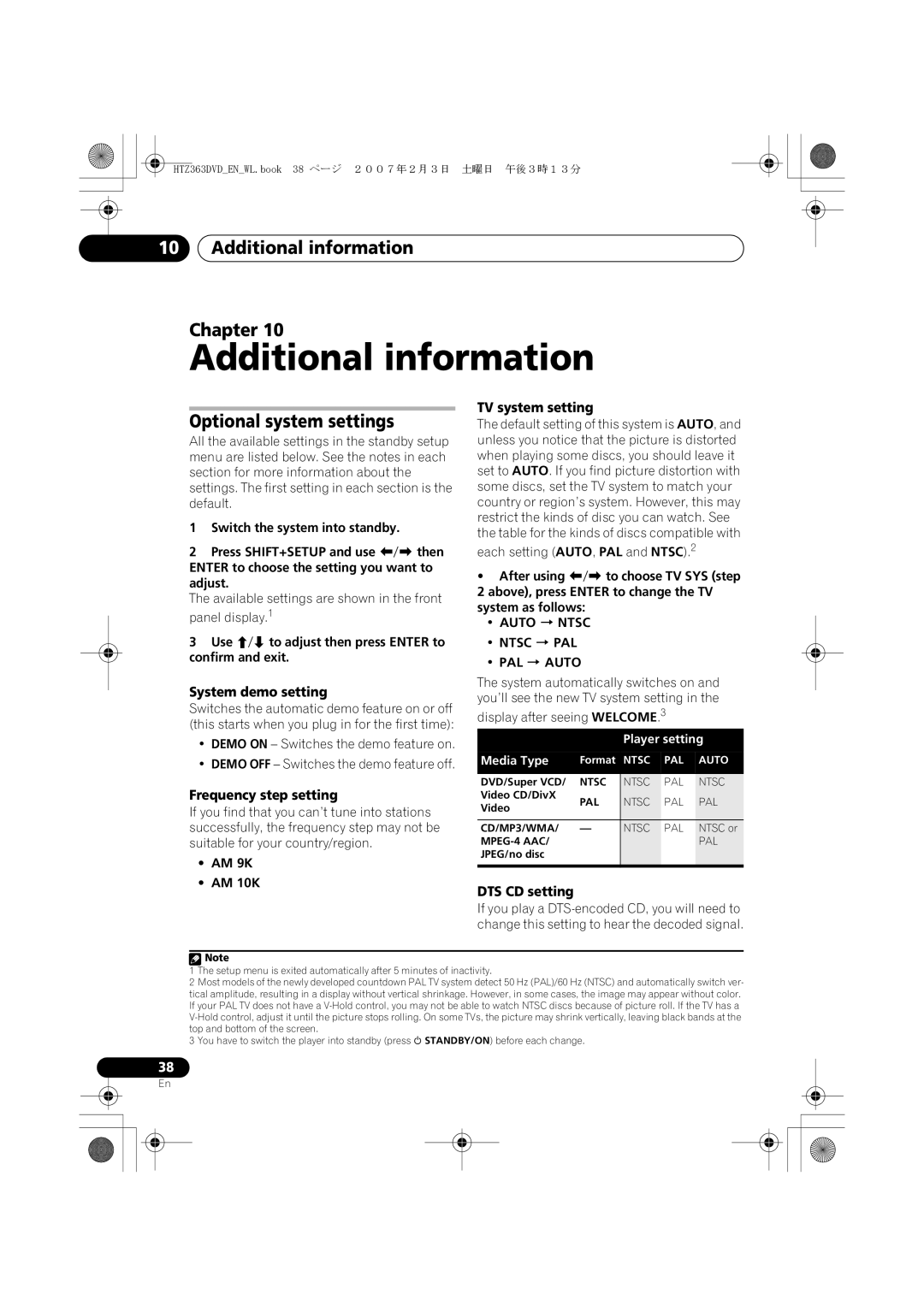 Pioneer XV-DV363 manual Additional information Chapter, Optional system settings 