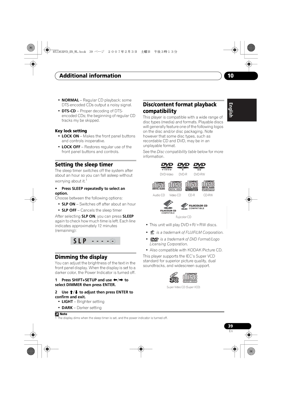 Pioneer XV-DV363 manual Additional information, Disc/content format playback compatibility, Setting the sleep timer 