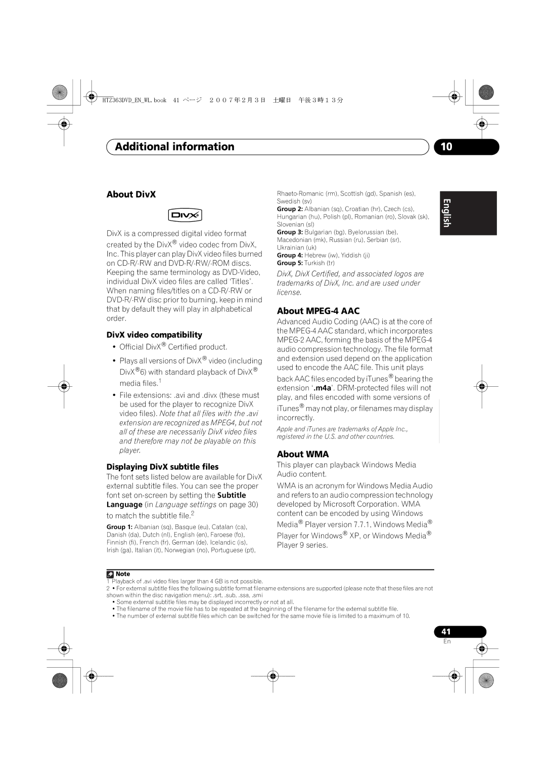 Pioneer XV-DV363 manual About DivX, About MPEG-4 AAC, About WMA, DivX video compatibility, Displaying DivX subtitle files 