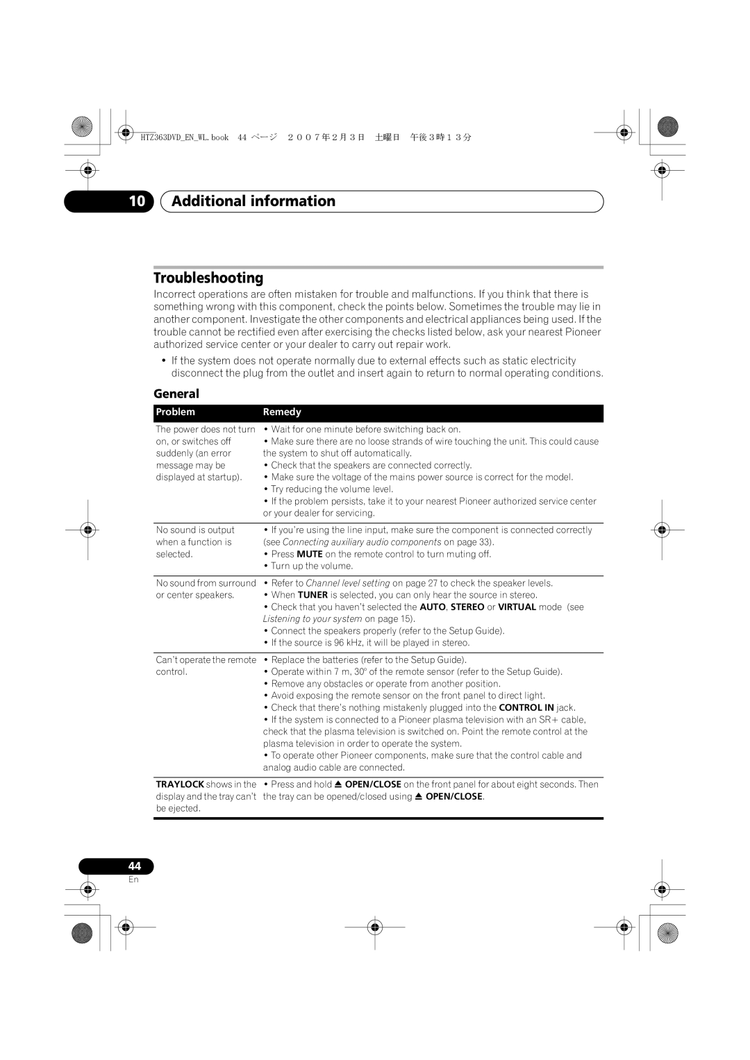 Pioneer XV-DV363 manual Additional information Troubleshooting, General, Problem Remedy 