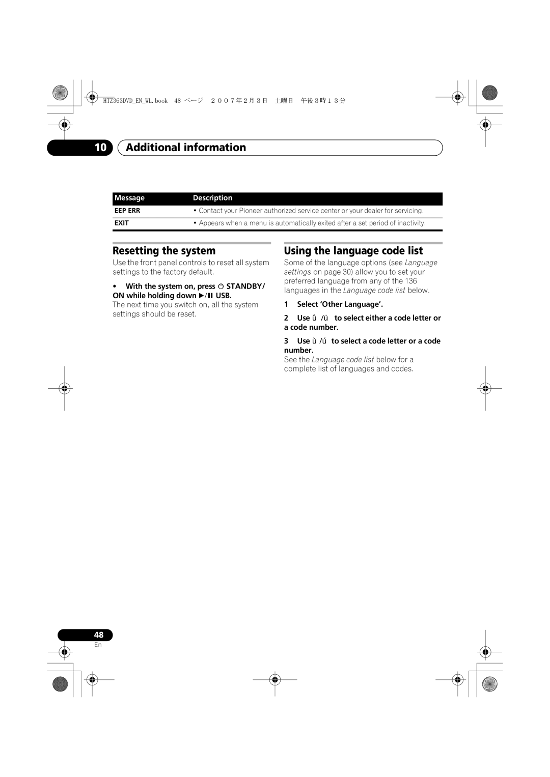 Pioneer XV-DV363 manual Resetting the system, Using the language code list 