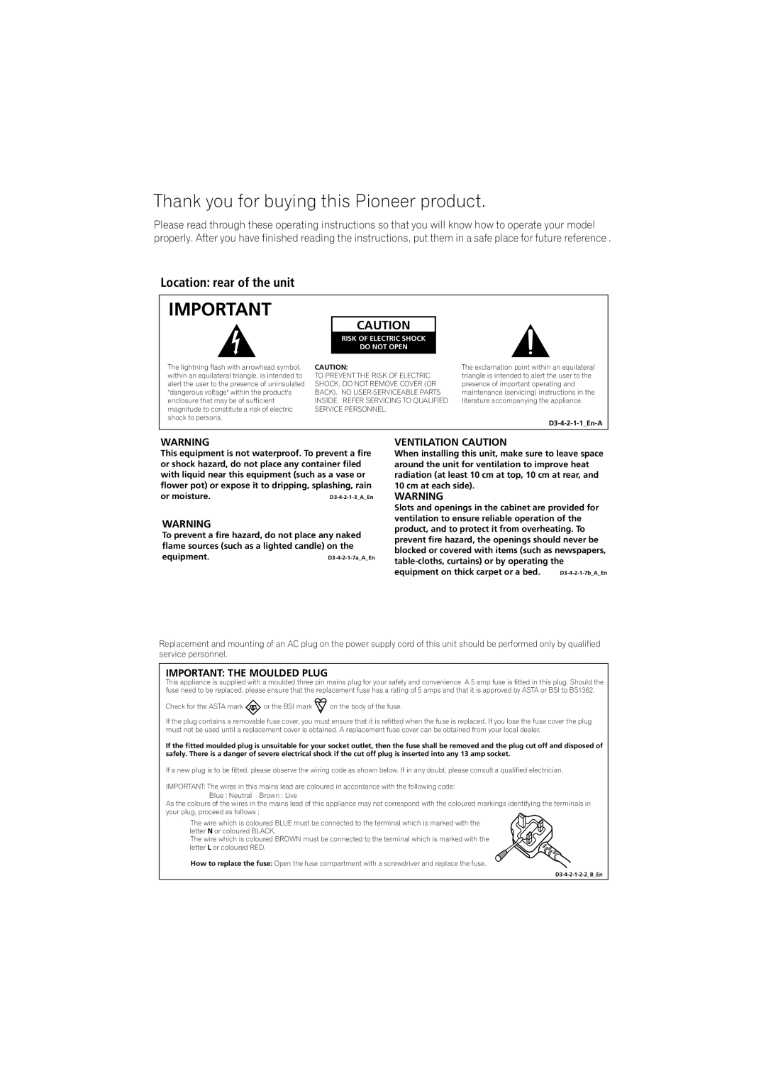 Pioneer XV-DV370, DCS-370 manual Location rear of the unit, Ventilation Caution, Important the Moulded Plug 