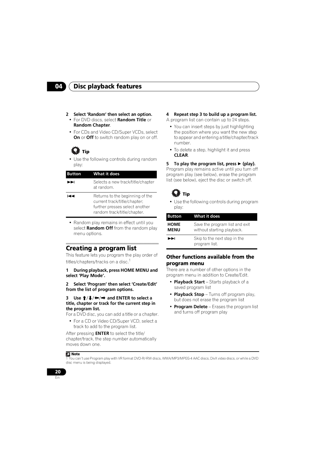 Pioneer XV-DV370, DCS-370 manual Creating a program list, Other functions available from the program menu 