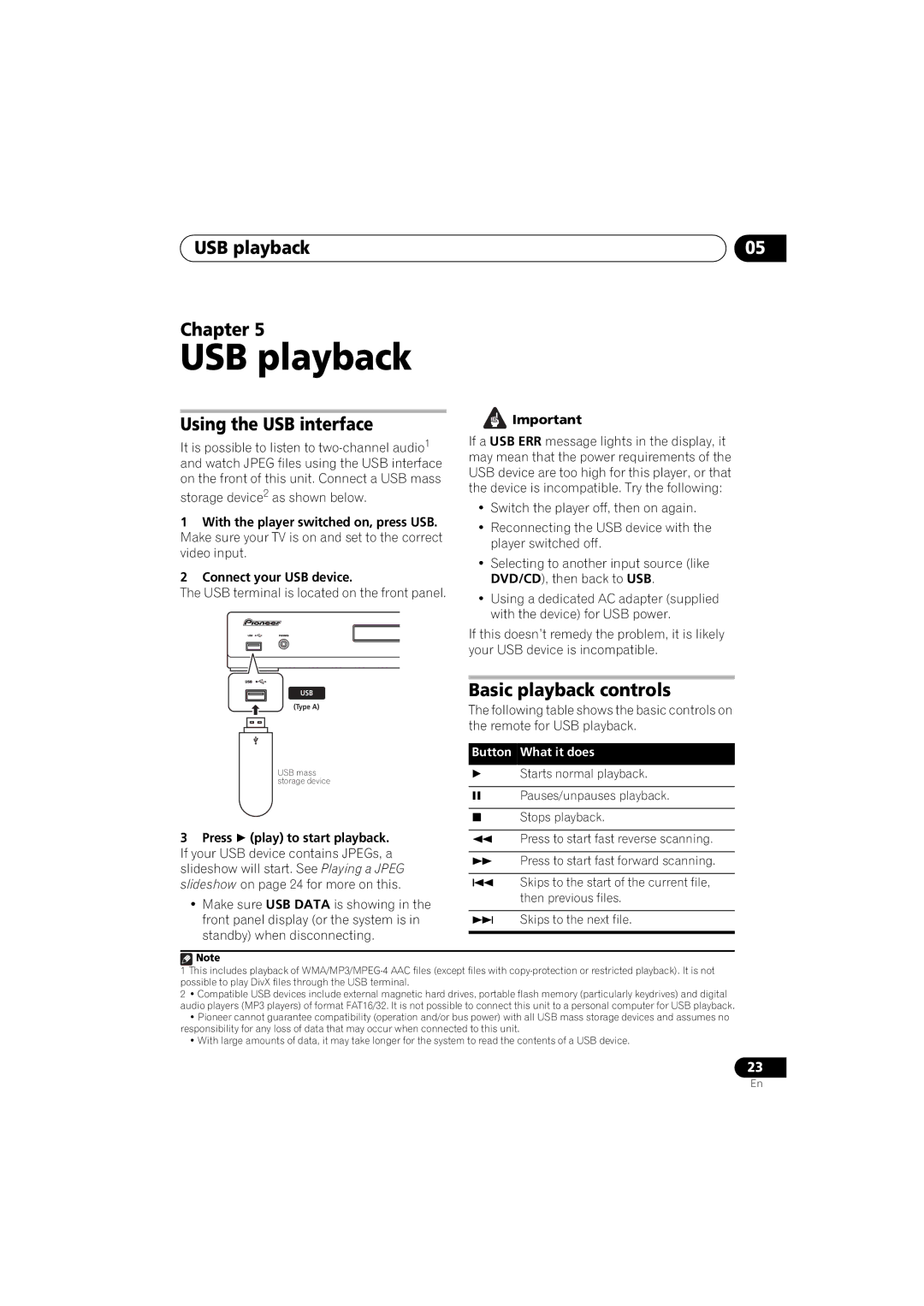 Pioneer DCS-370, XV-DV370 manual USB playback Chapter, Using the USB interface, Basic playback controls 