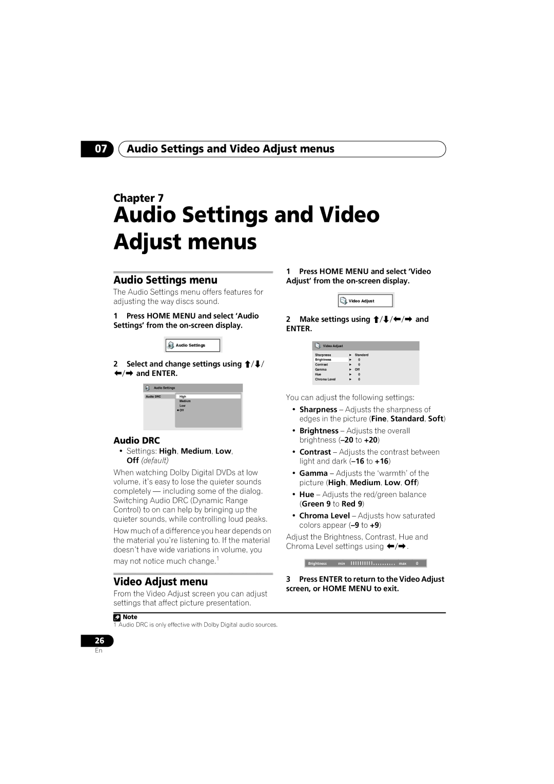 Pioneer XV-DV370, DCS-370 manual Audio Settings and Video Adjust menus Chapter, Audio Settings menu, Audio DRC 