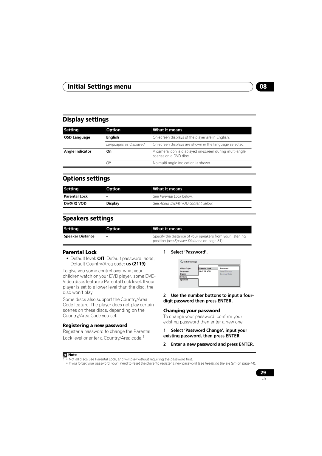 Pioneer DCS-370, XV-DV370 manual Initial Settings menu Display settings, Options settings, Speakers settings, Parental Lock 