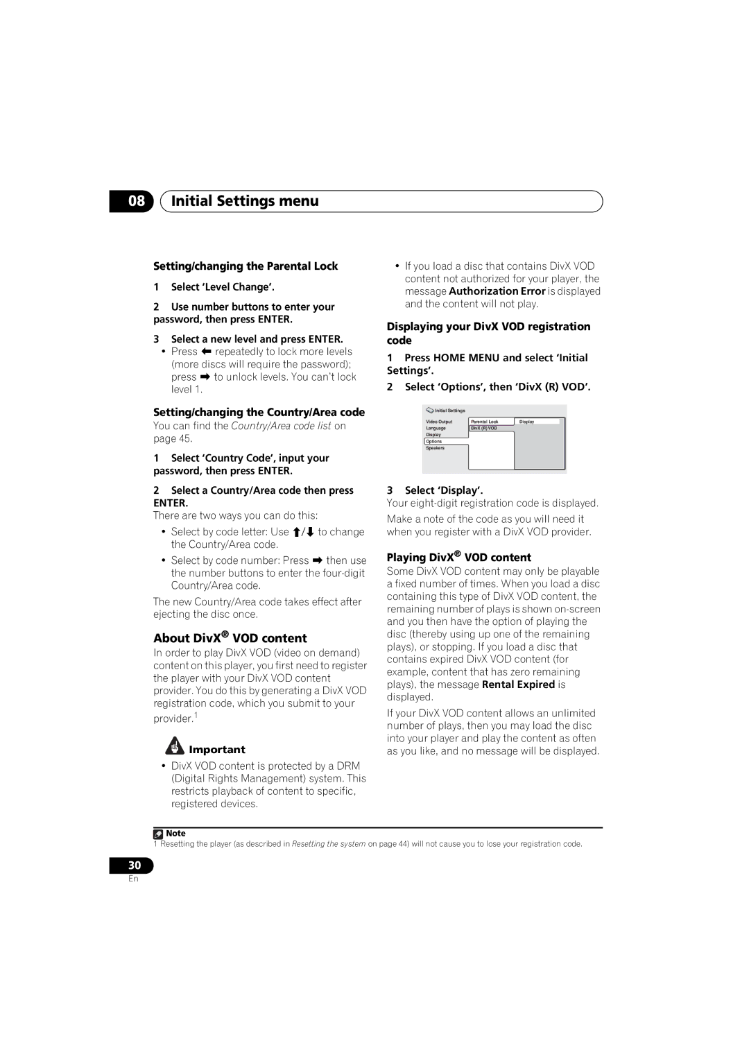 Pioneer XV-DV370 manual About DivX VOD content, Setting/changing the Parental Lock, Setting/changing the Country/Area code 