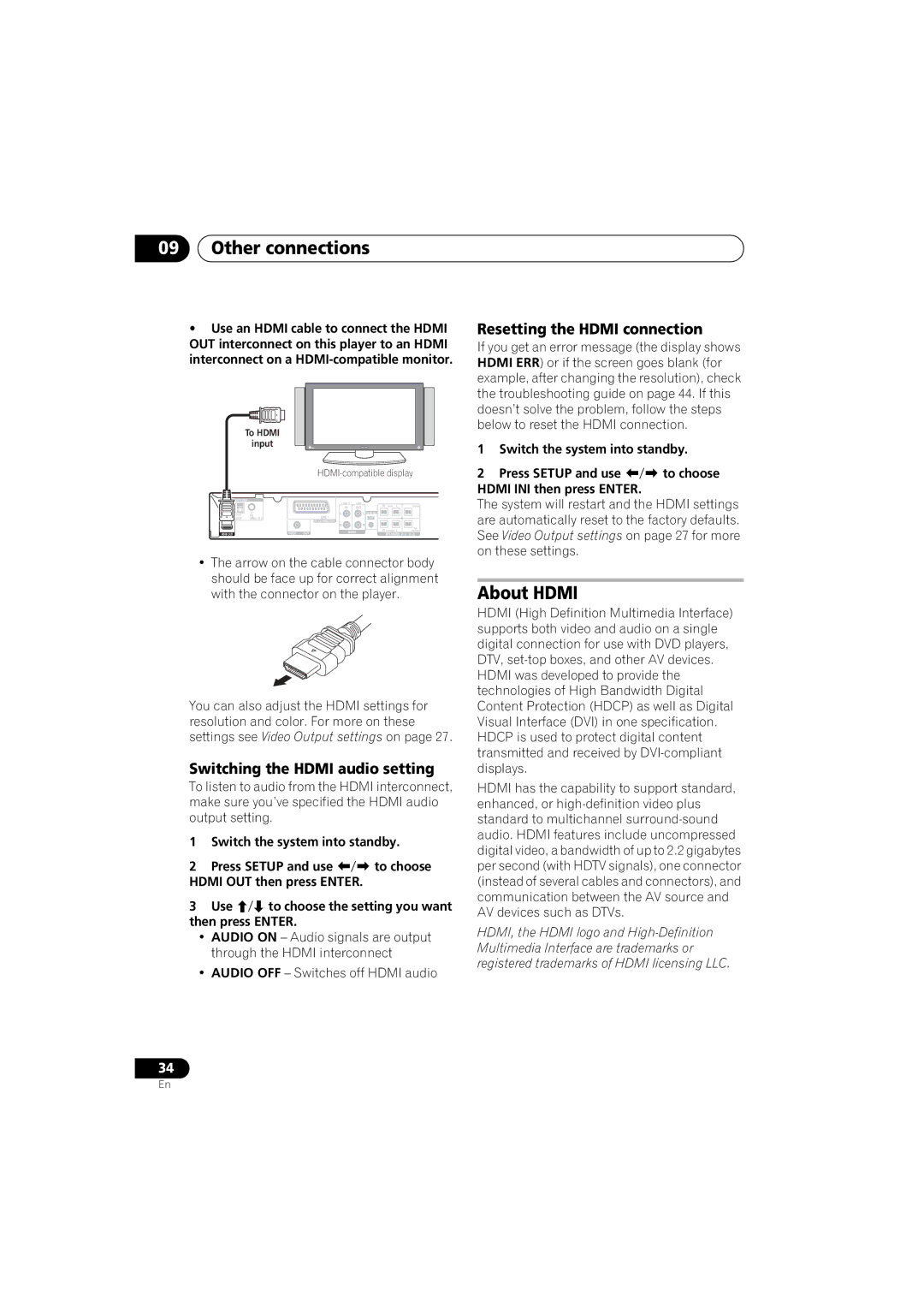 Pioneer XV-DV370, DCS-370 manual About Hdmi, Switching the Hdmi audio setting, Resetting the Hdmi connection 