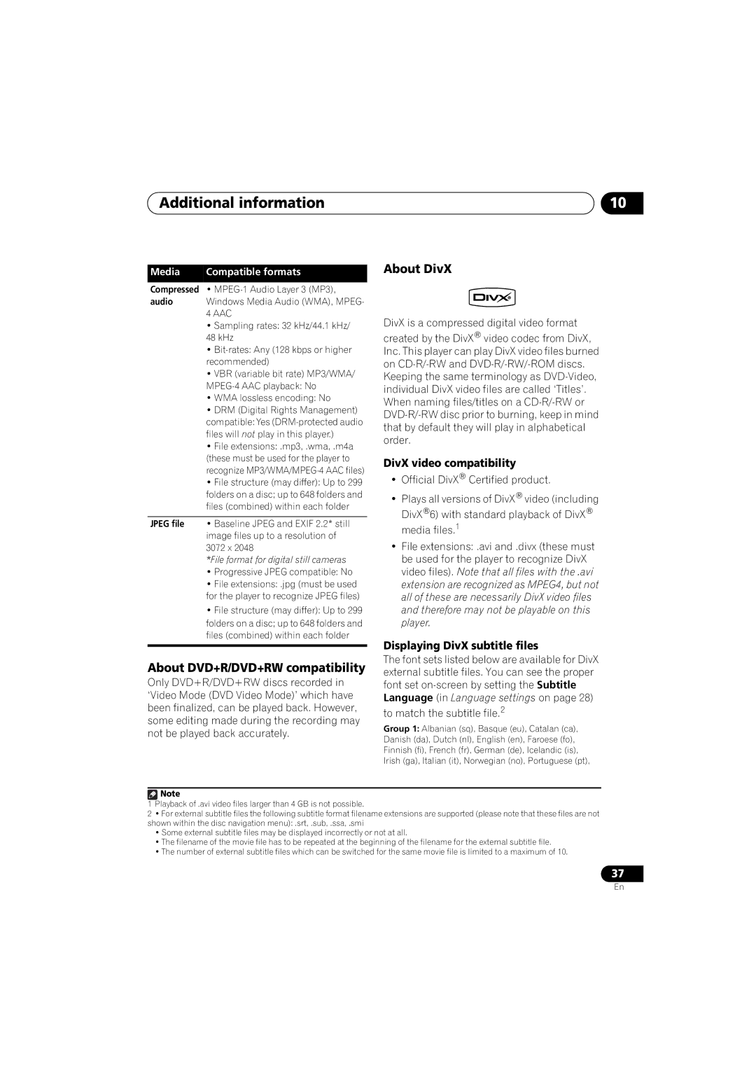 Pioneer DCS-370, XV-DV370 Additional information, About DVD+R/DVD+RW compatibility, About DivX, DivX video compatibility 