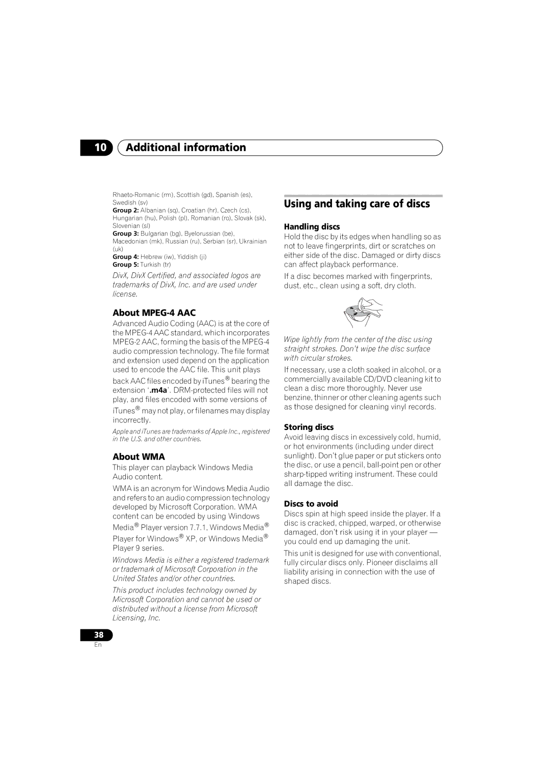 Pioneer XV-DV370, DCS-370 manual Using and taking care of discs, About MPEG-4 AAC, About WMA 