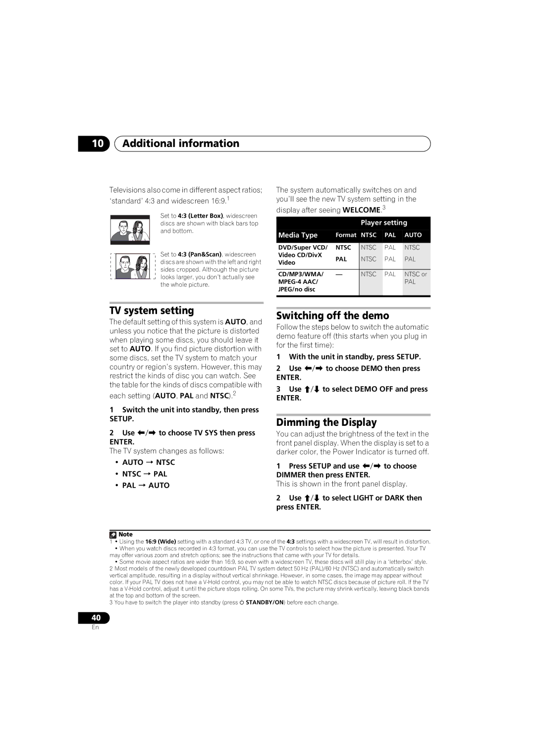 Pioneer XV-DV370 manual TV system setting, Switching off the demo, Dimming the Display, Auto  Ntsc Ntsc  PAL PAL  Auto 