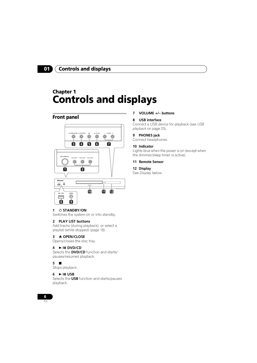 Pioneer XV-DV370, DCS-370 manual Controls and displays Chapter, Front panel,  Standby/On 