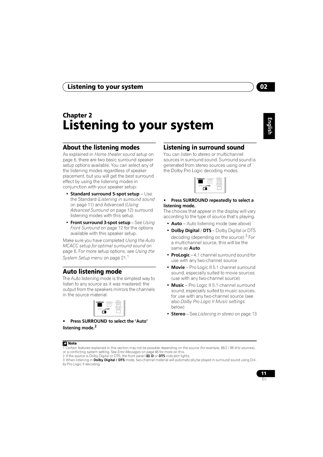 Pioneer XV-DV333, XV-DV434, S-DV434SW Listening to your system Chapter, About the listening modes, Auto listening mode 