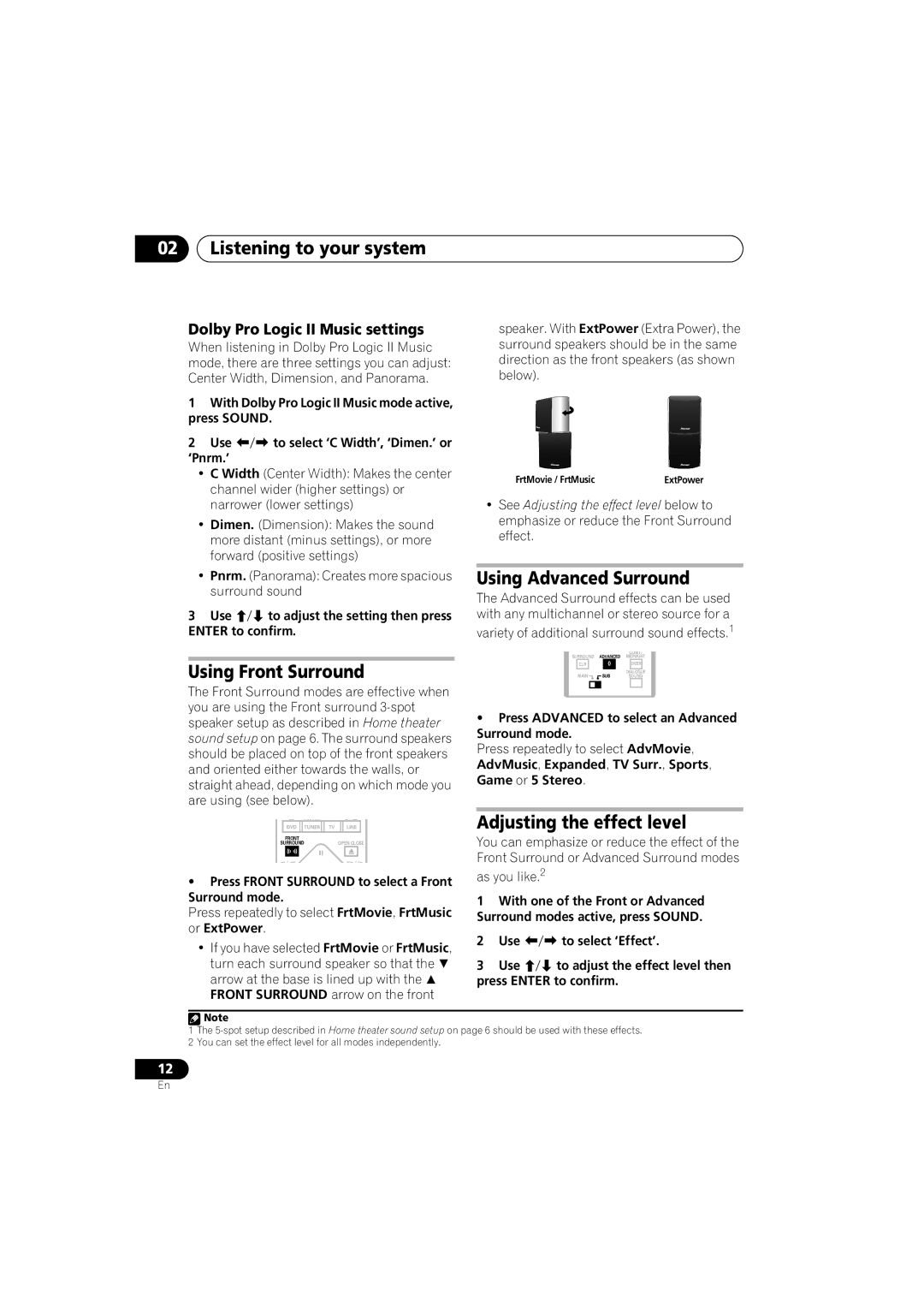 Pioneer XV-DV434 manual Listening to your system, Using Front Surround, Using Advanced Surround, Adjusting the effect level 