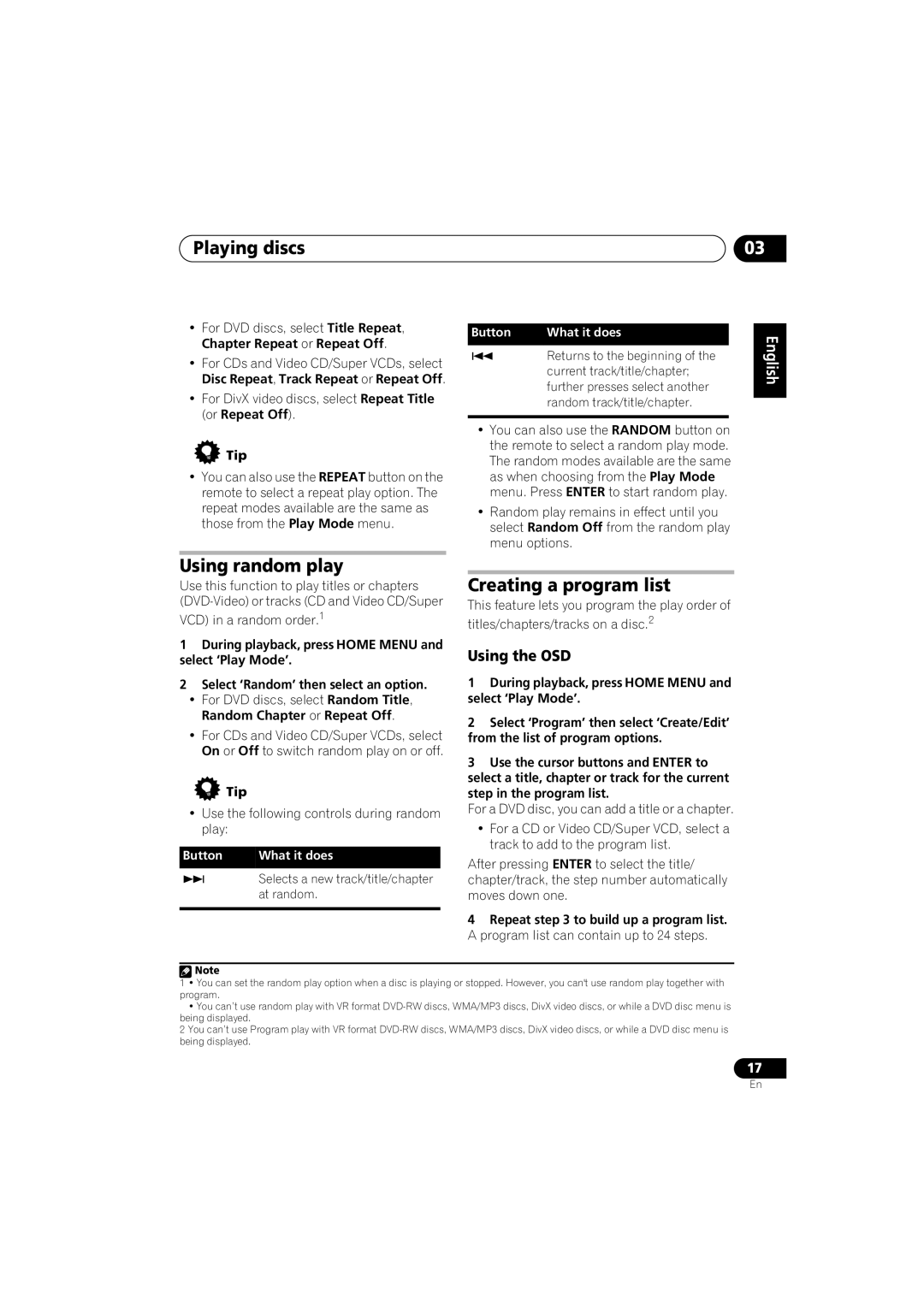 Pioneer XV-DV333, XV-DV434, S-DV434SW, S-DV333, S-DV434ST manual Using random play, Creating a program list, Using the OSD 