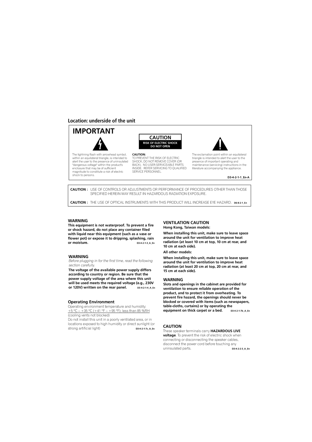 Pioneer S-DV333, XV-DV434, S-DV434SW, S-DV434ST Location underside of the unit, Operating Environment, Ventilation Caution 