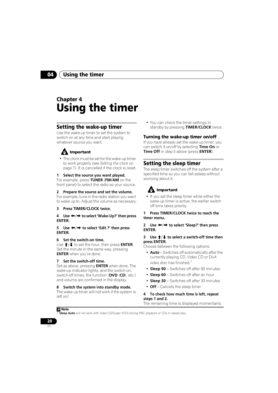 Pioneer S-DV333, XV-DV434, S-DV434SW manual Using the timer Chapter, Setting the wake-up timer, Setting the sleep timer 