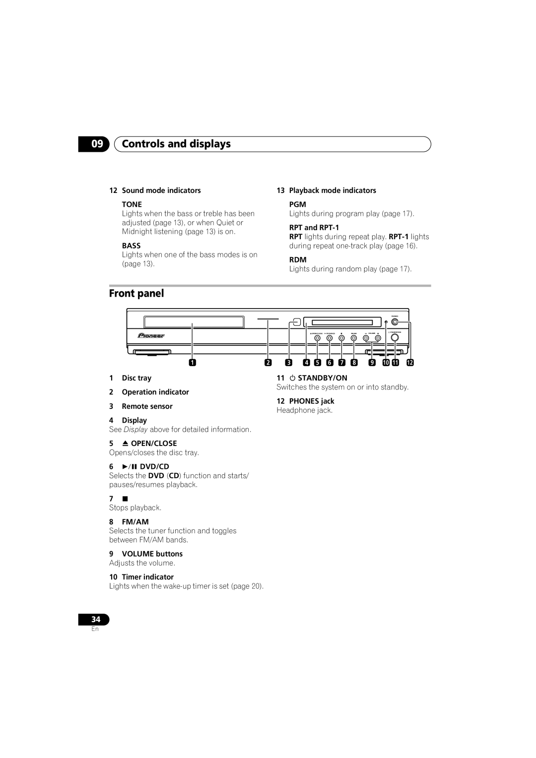 Pioneer S-DV434ST, XV-DV434, S-DV434SW, S-DV333, XV-DV333 manual Controls and displays, Front panel 