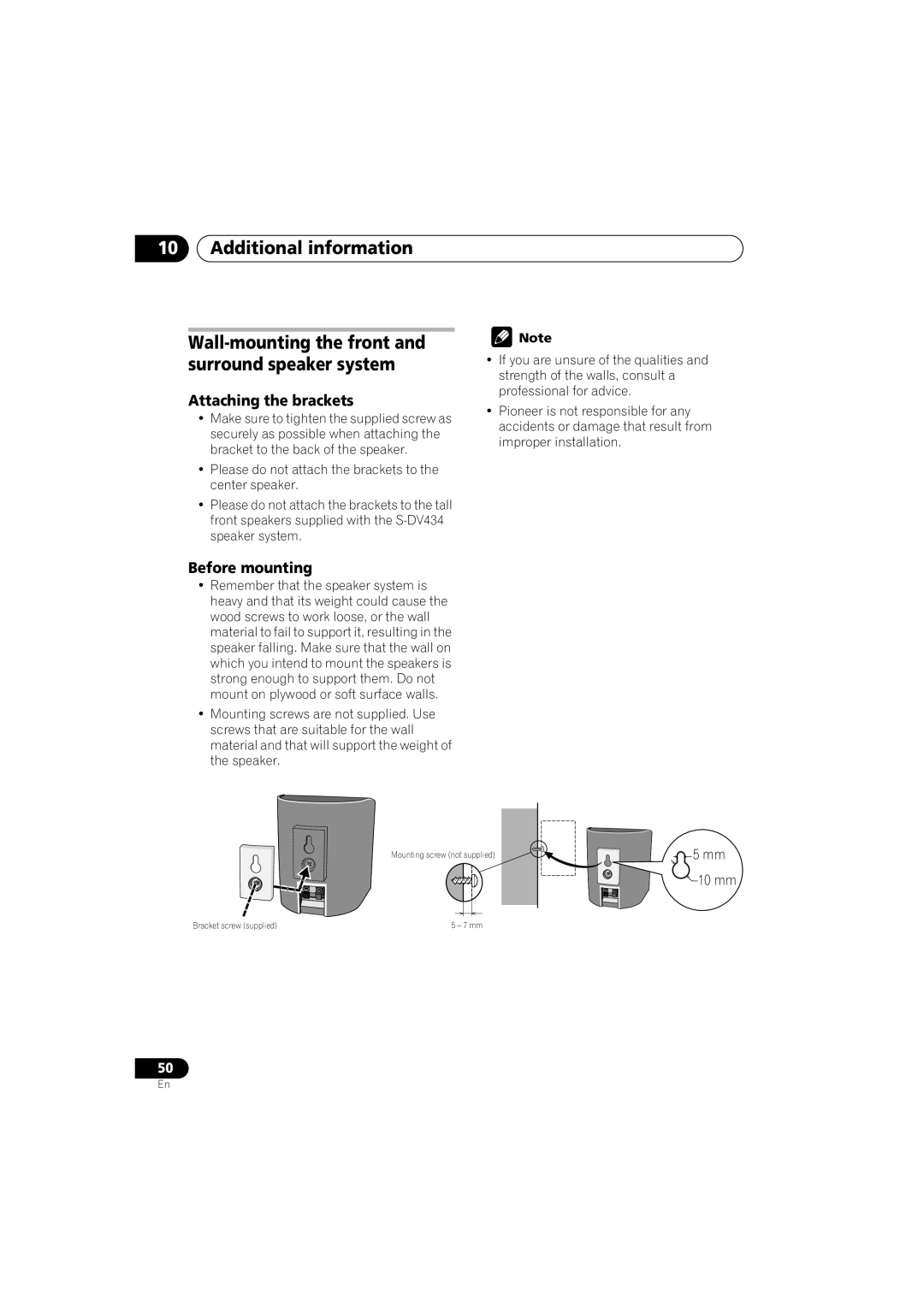 Pioneer S-DV333, XV-DV434, S-DV434SW, S-DV434ST, XV-DV333 manual Attaching the brackets, Before mounting, Mm 10 mm 