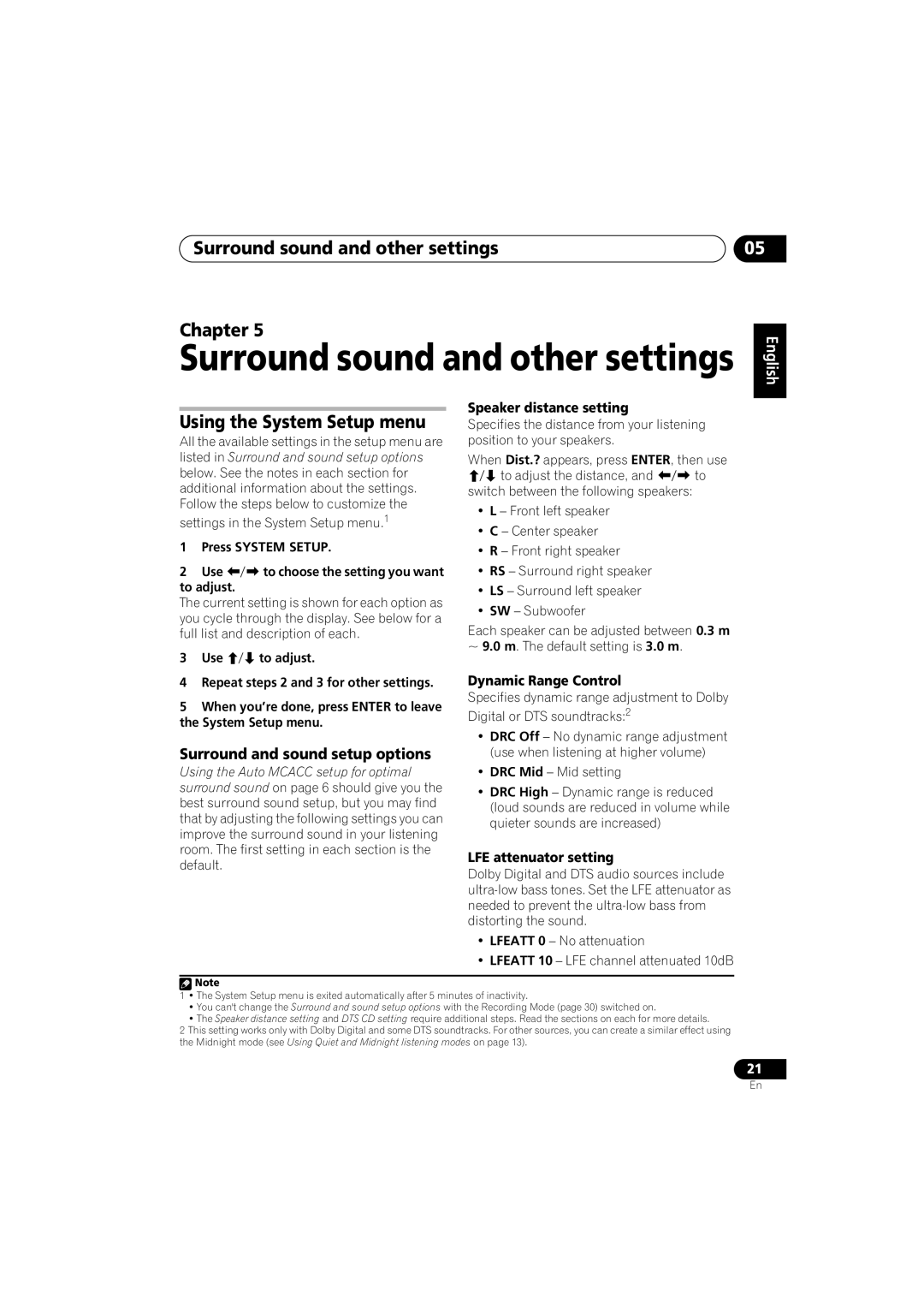Pioneer S-DV434 Surround sound and other settings Chapter, Using the System Setup menu, Surround and sound setup options 