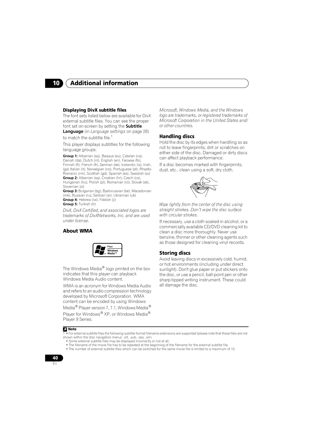 Pioneer S-DV434ST manual About WMA, Handling discs, Storing discs, Displaying DivX subtitle files, 10Additional information 