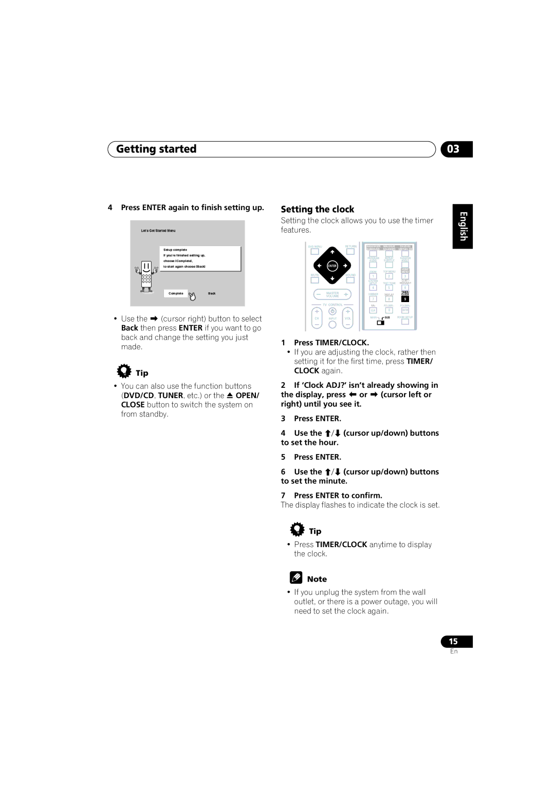 Pioneer XV-DV740, XV-DV440, S-DV440, S-DV740 operating instructions Getting started, Setting the clock 