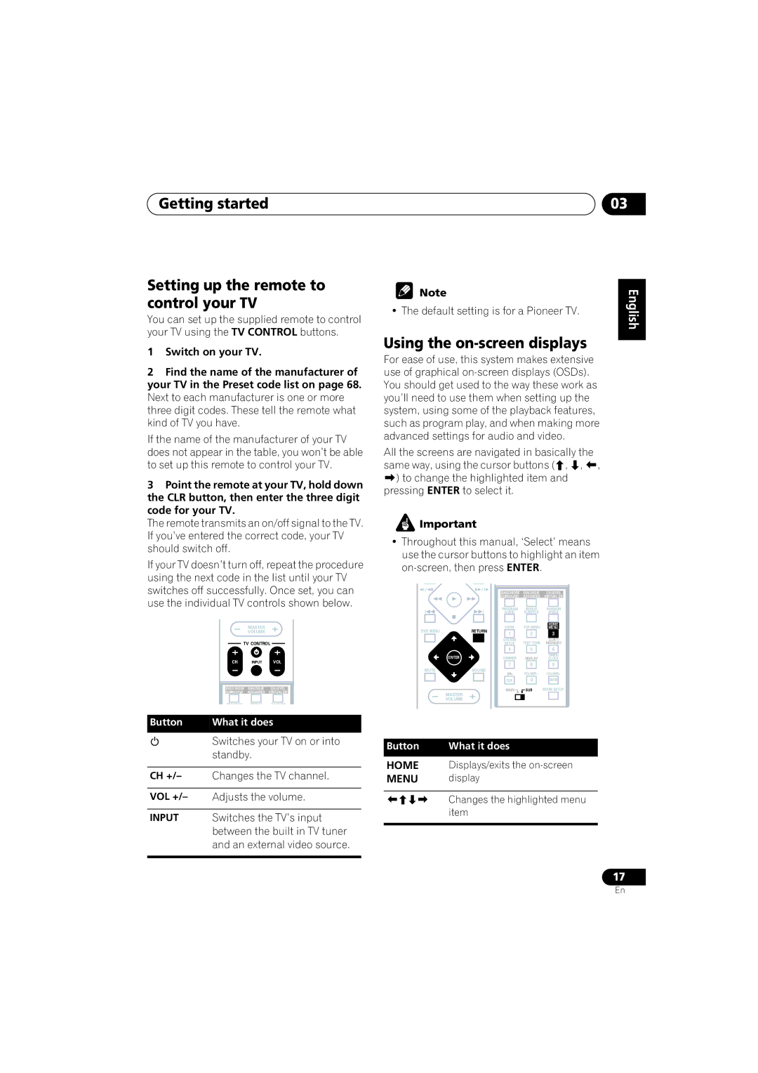 Pioneer S-DV440, XV-DV440, S-DV740 Getting started Setting up the remote to control your TV, Using the on-screen displays 