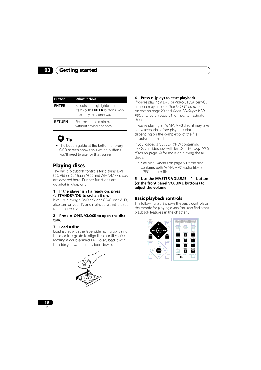 Pioneer S-DV740, XV-DV440 Playing discs, Basic playback controls, Press OPEN/CLOSE to open the disc tray Load a disc 