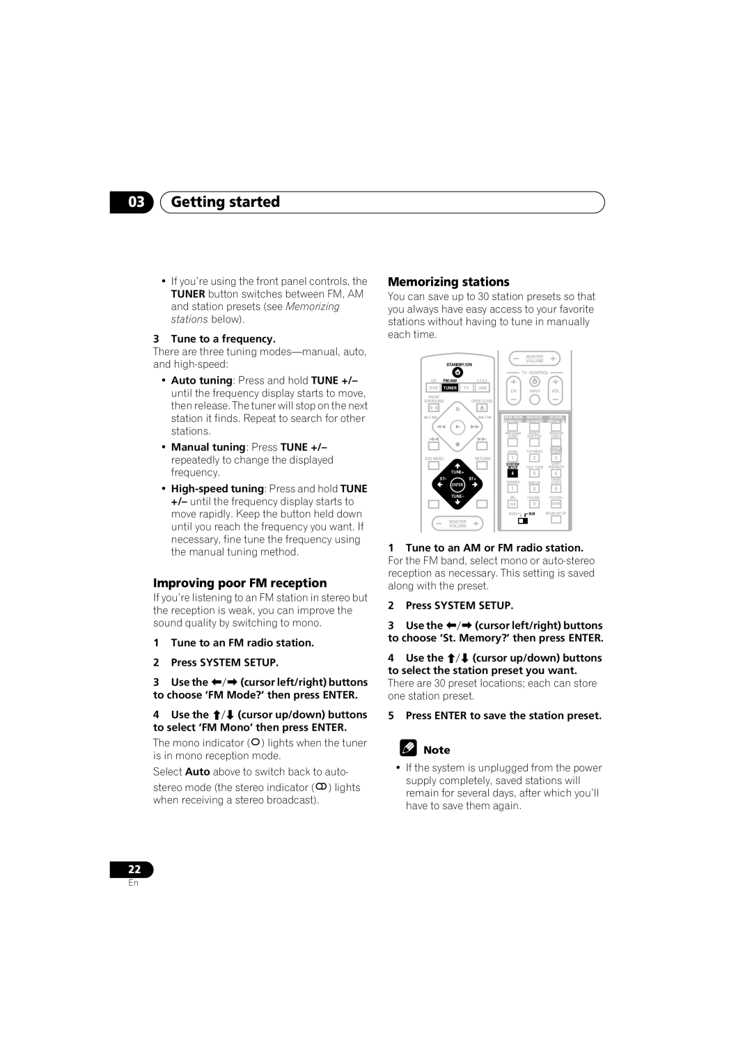 Pioneer S-DV740, XV-DV440, S-DV440, XV-DV740 Improving poor FM reception, Memorizing stations, Tune to a frequency 