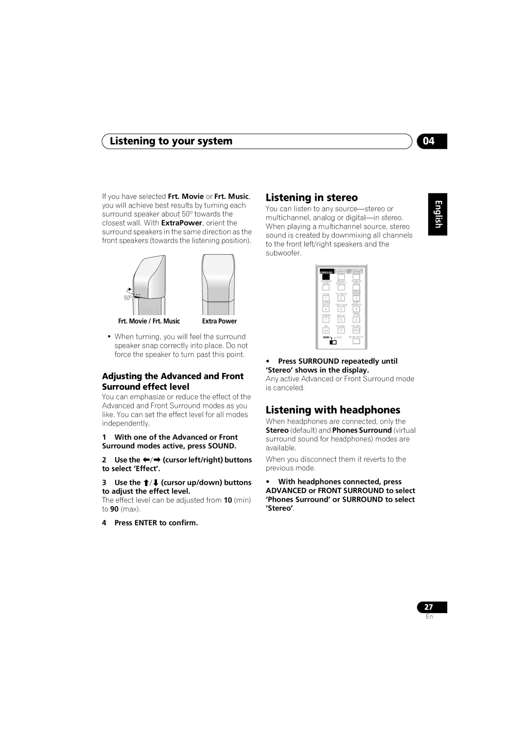 Pioneer XV-DV740, XV-DV440, S-DV440, S-DV740 Listening to your system, Listening in stereo, Listening with headphones 