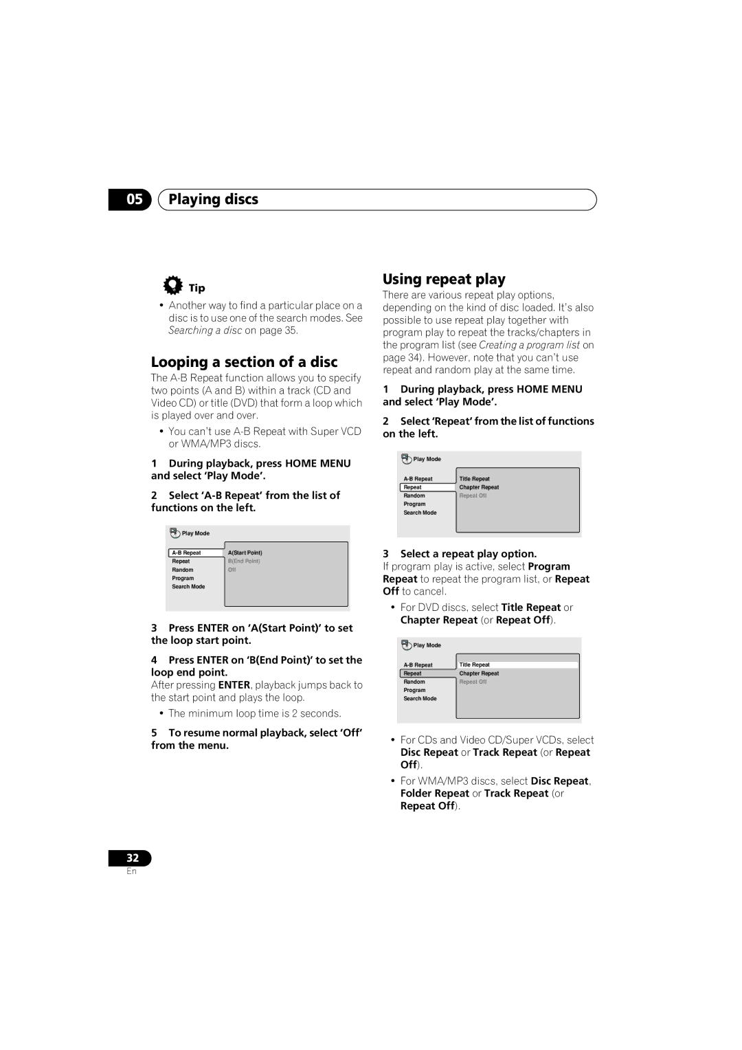 Pioneer XV-DV440 Looping a section of a disc, Using repeat play, To resume normal playback, select ‘Off’ from the menu 