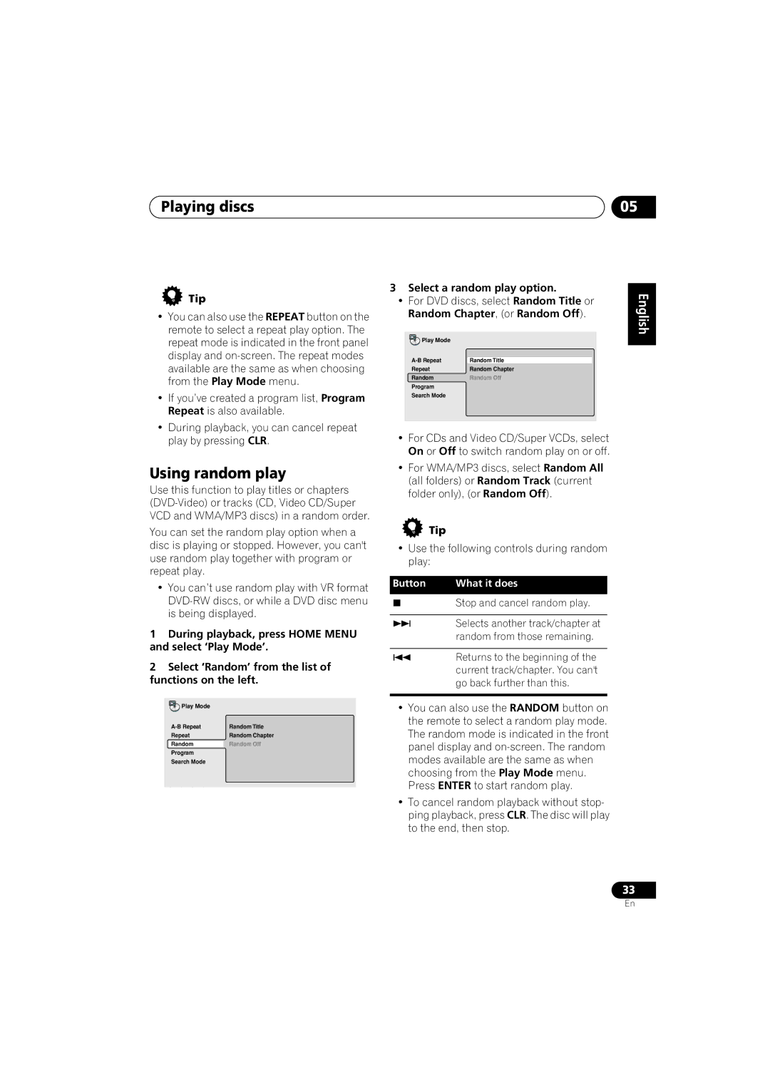 Pioneer S-DV440, XV-DV440, S-DV740, XV-DV740 operating instructions Using random play, Select a random play option 