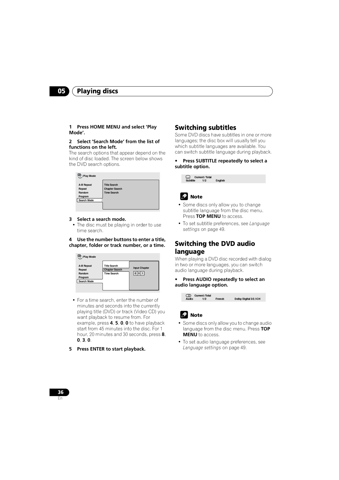 Pioneer XV-DV440, S-DV440, S-DV740, XV-DV740 operating instructions Switching subtitles, Switching the DVD audio language 