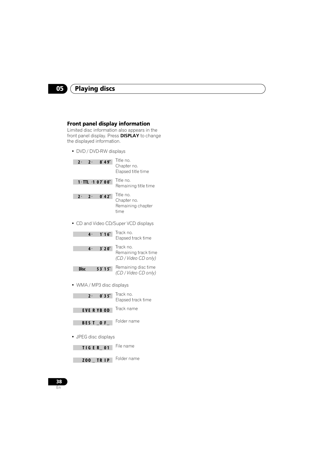 Pioneer S-DV740, XV-DV440, S-DV440, XV-DV740 Front panel display information, Disc, S T O F, G E R 0, O T R 