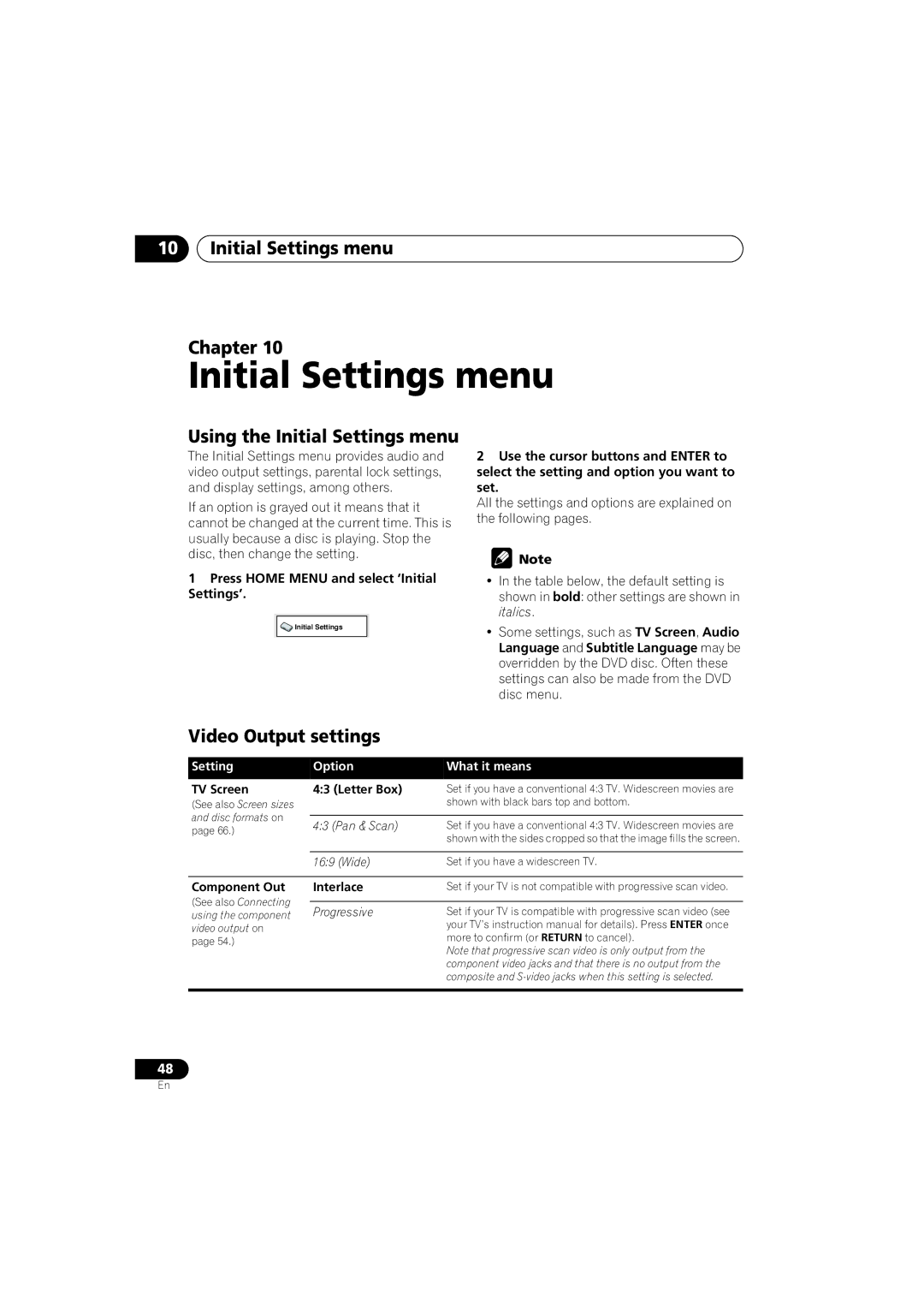 Pioneer XV-DV440, S-DV440 Initial Settings menu Chapter, Using the Initial Settings menu, Video Output settings 