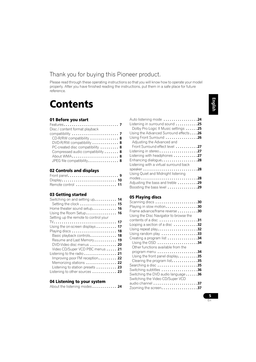 Pioneer S-DV440, XV-DV440, S-DV740, XV-DV740 operating instructions Contents 