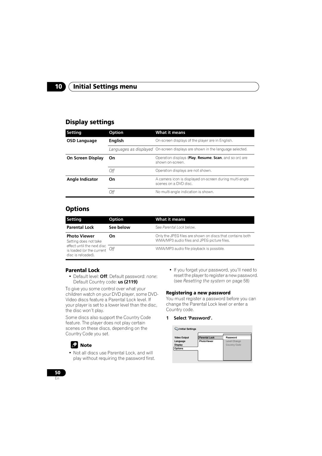 Pioneer S-DV740, XV-DV440 Initial Settings menu Display settings, Options, Parental Lock, Registering a new password 