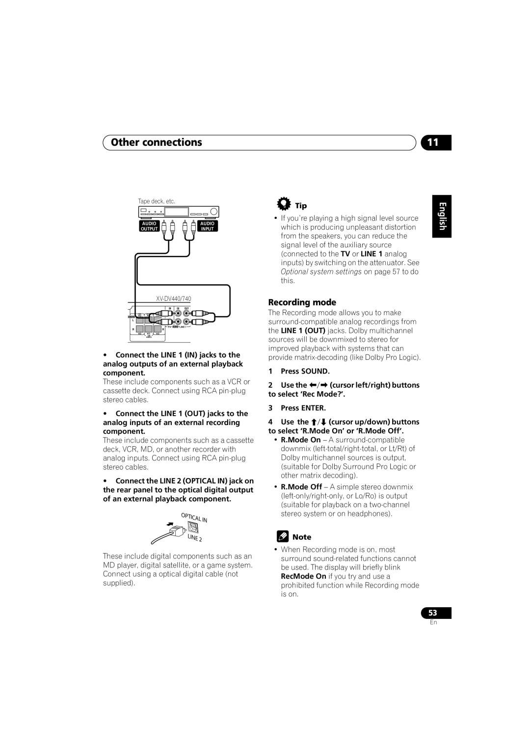 Pioneer S-DV440, XV-DV440, S-DV740 Other connections, Recording mode, Press Sound Use, To select ‘Rec Mode?’ Press Enter 