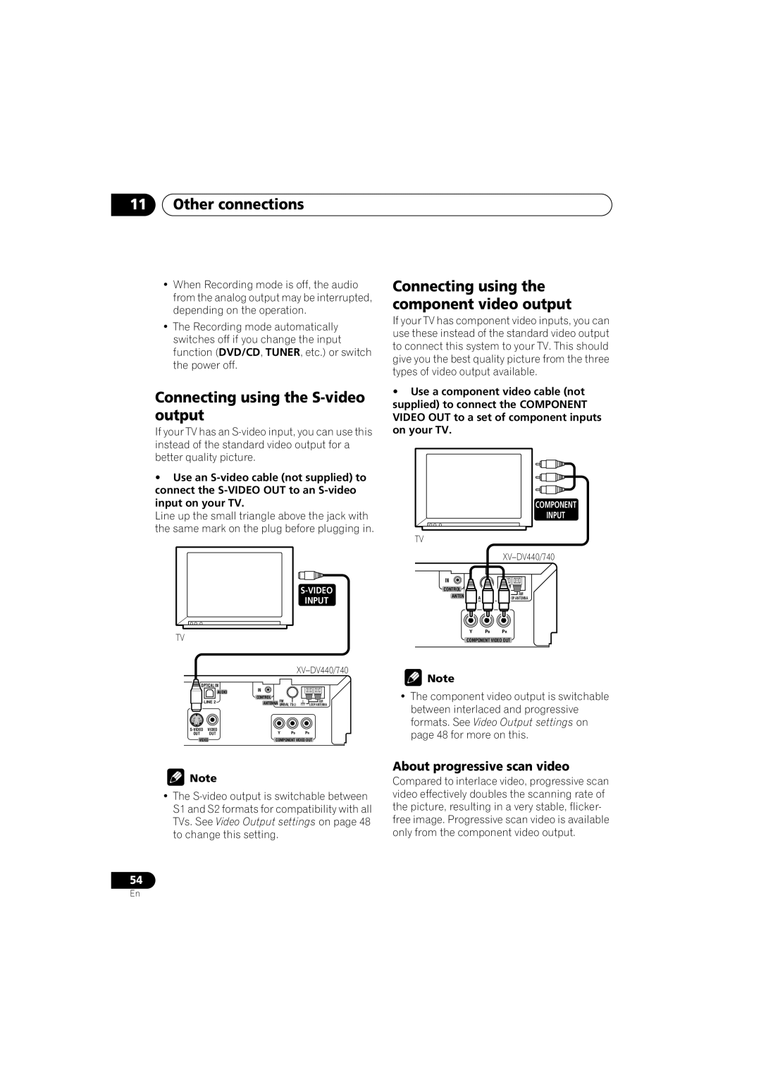 Pioneer S-DV740, XV-DV440, S-DV440 Connecting using the S-video output, Connecting using the component video output 