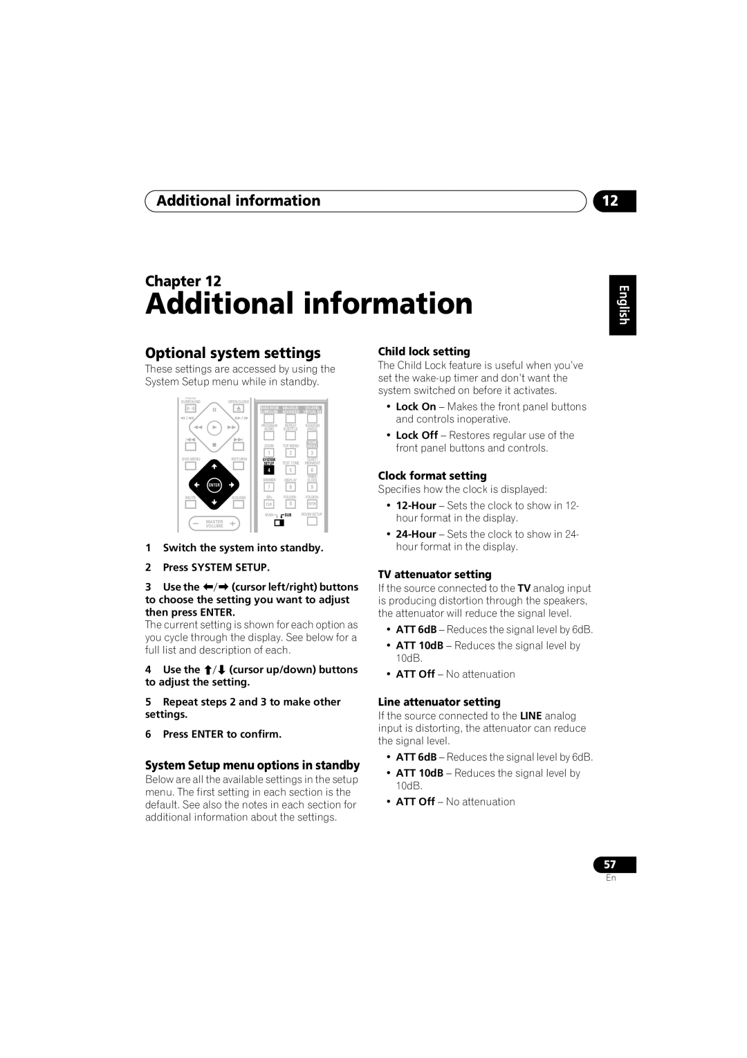 Pioneer S-DV440 Additional information Chapter, Optional system settings, System Setup menu options in standby 