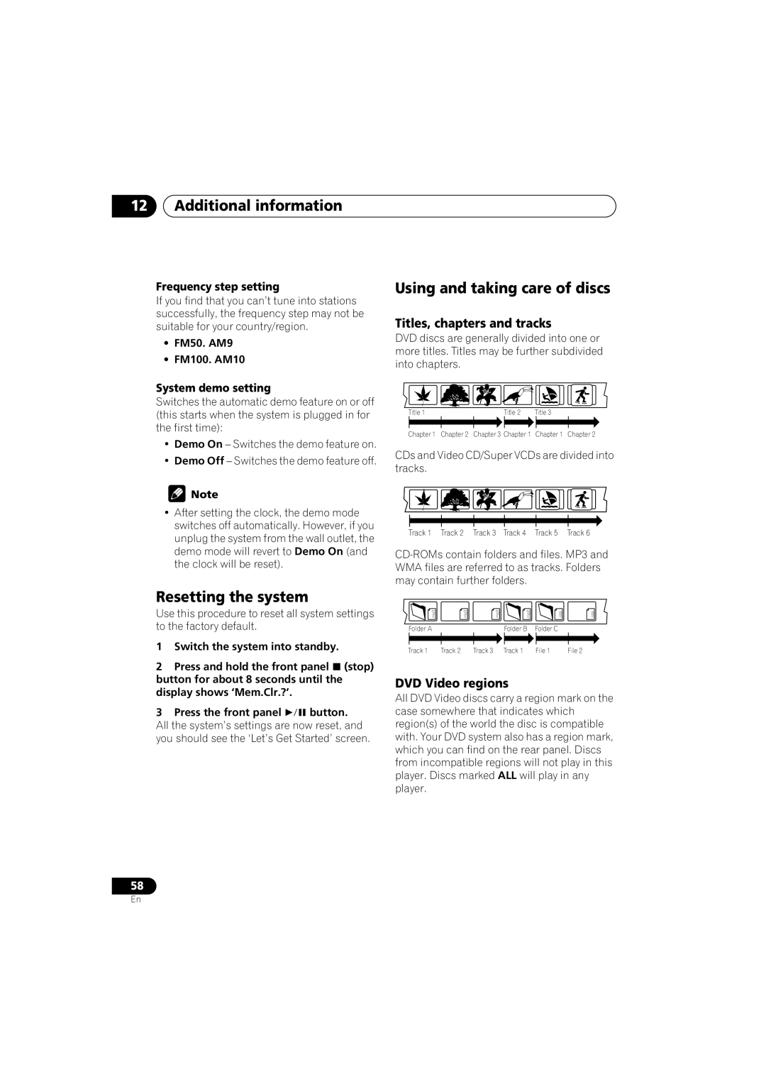 Pioneer S-DV740 Additional information, Using and taking care of discs, Resetting the system, Titles, chapters and tracks 