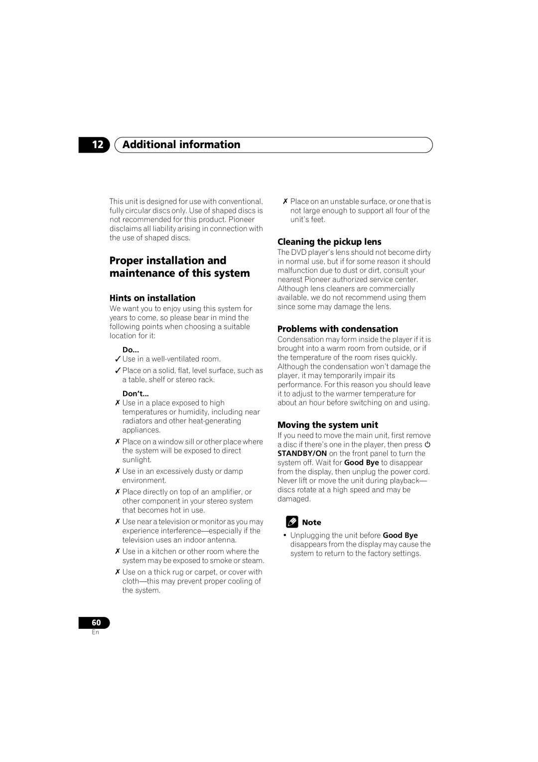 Pioneer XV-DV440 Proper installation and maintenance of this system, Hints on installation, Cleaning the pickup lens 