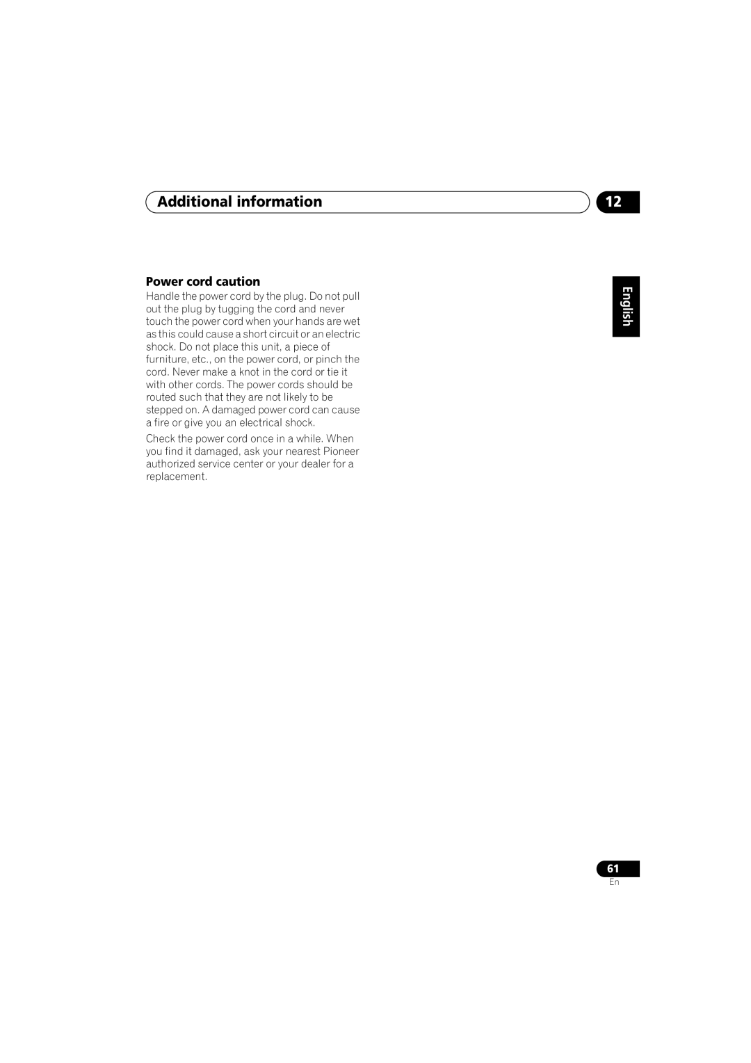 Pioneer S-DV440, XV-DV440, S-DV740, XV-DV740 operating instructions Power cord caution 