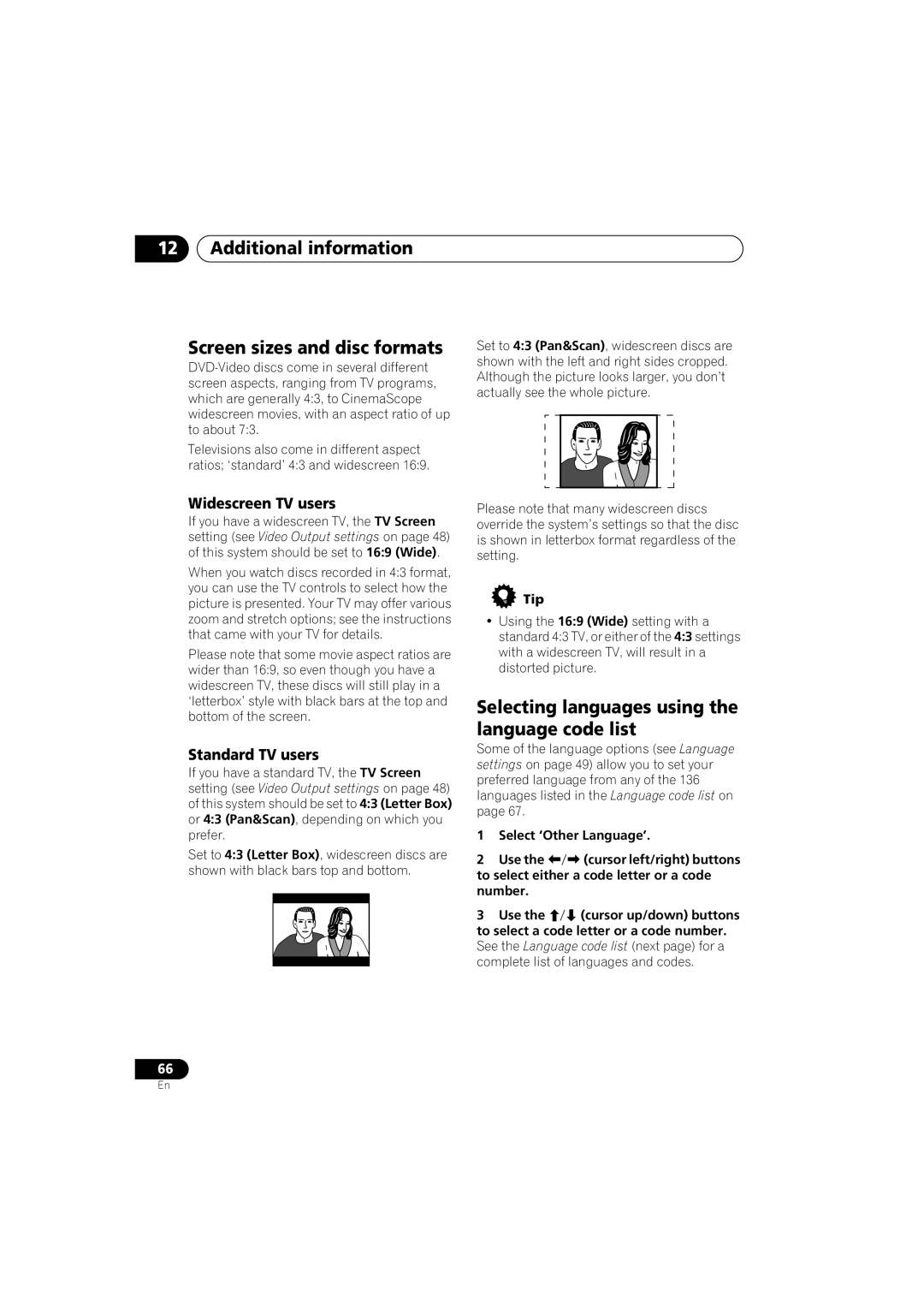 Pioneer S-DV740 Additional information Screen sizes and disc formats, Selecting languages using the language code list 