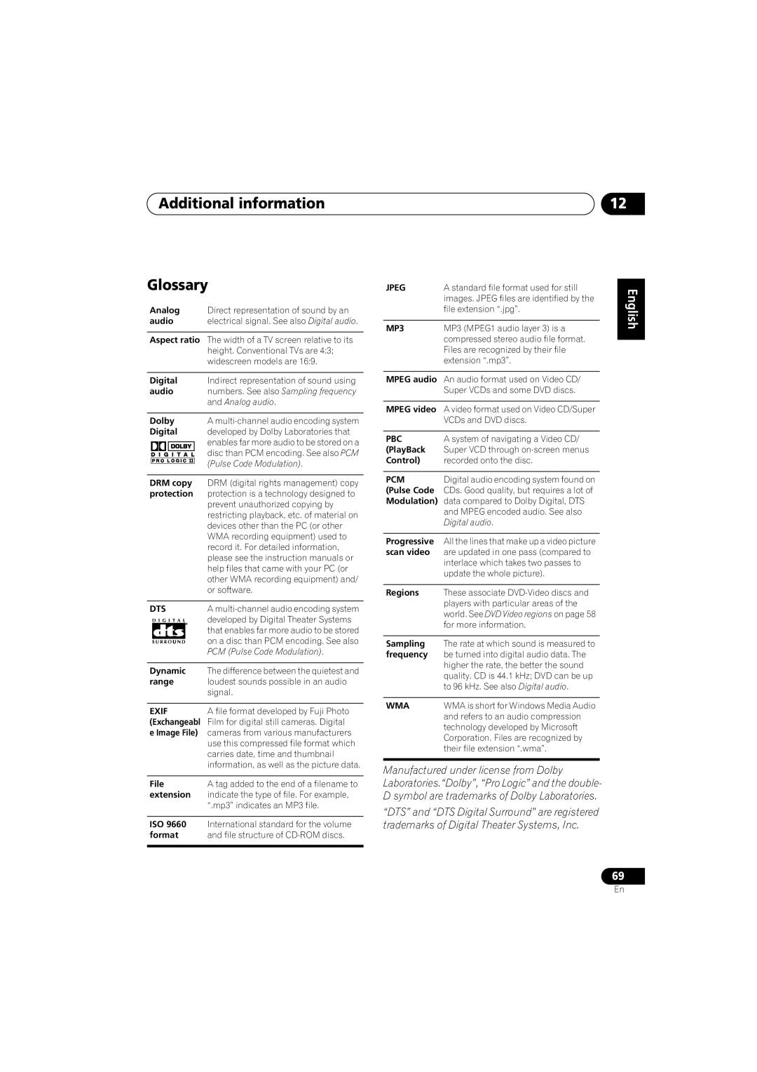 Pioneer S-DV440, XV-DV440, S-DV740, XV-DV740 operating instructions Additional information Glossary, Protection 